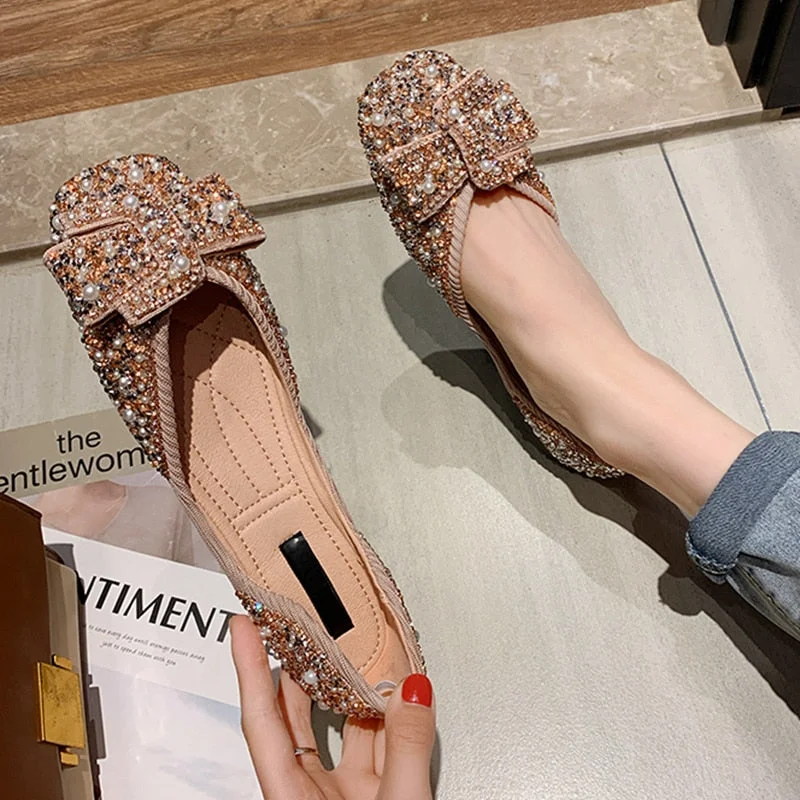 2020 Women Flat Shoes Fashion Bling Rhinestone Flat Ballet Bow-knot Slip On Ladies Lazy Loafers Casual Flat Shoes