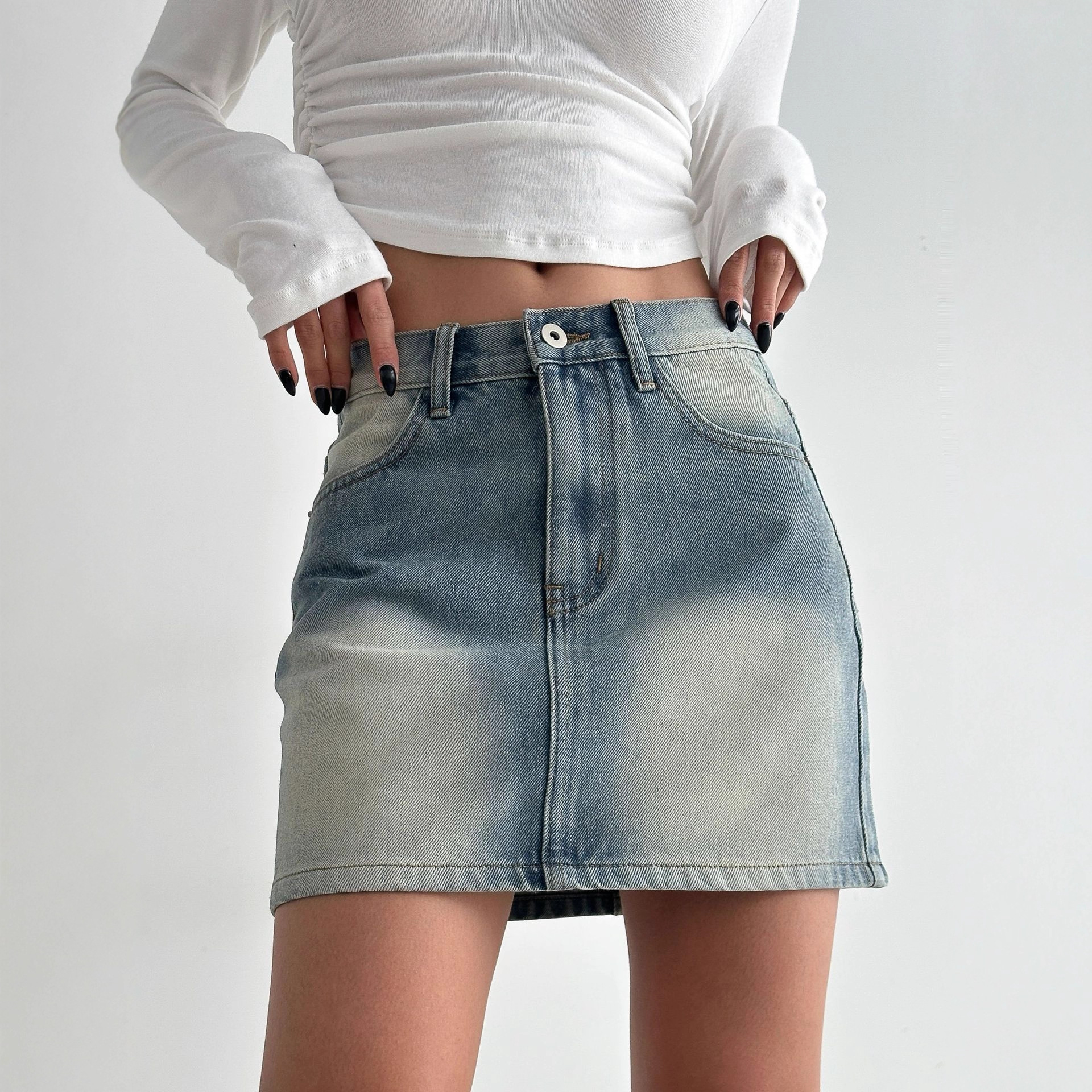 Vintage Washed Denim A-Line Mini Skirt