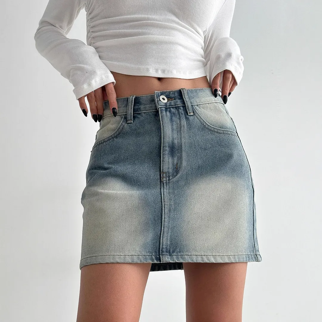 Vintage Washed Denim A-Line Mini Skirt