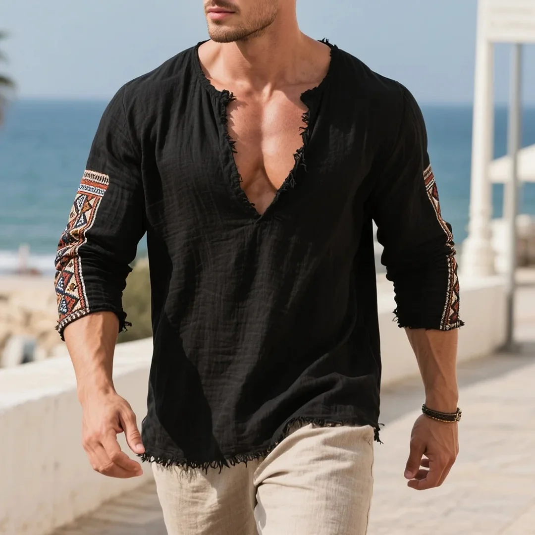  Bohemian Embroidered Long Sleeve Shirt for Men - Perfect for Summer and Casual Outings