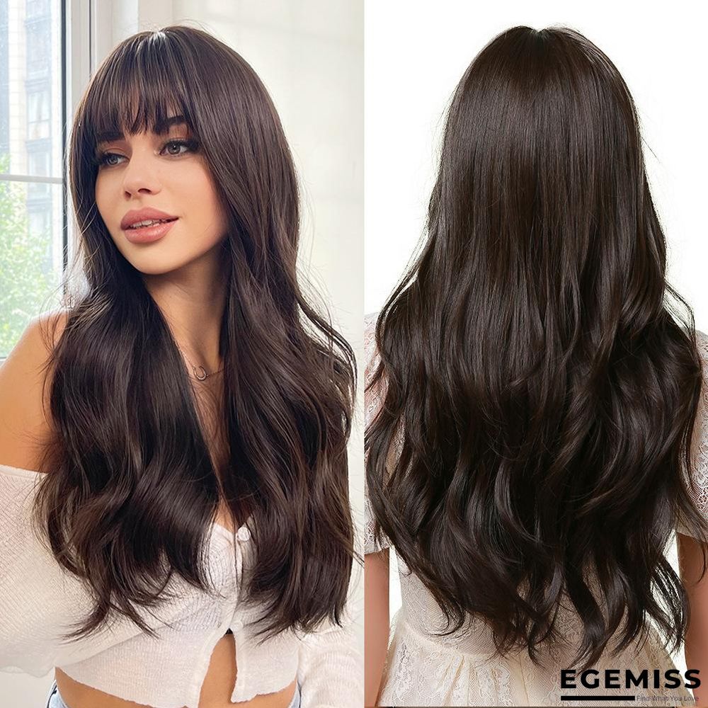 Long Brown Wigs with Bangs  Wave Synthetic Wigs for  Women | EGEMISS