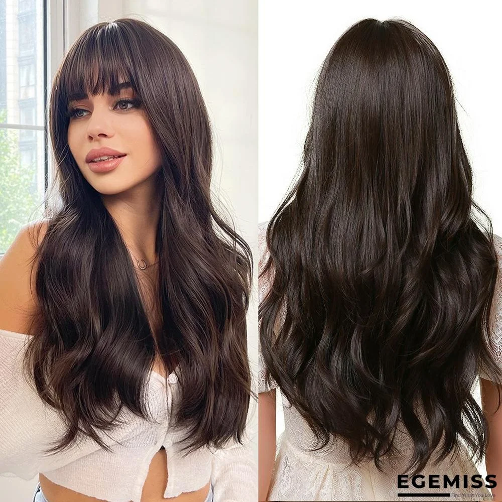 Long Brown Wigs with Bangs  Wave Synthetic Wigs for  Women | EGEMISS