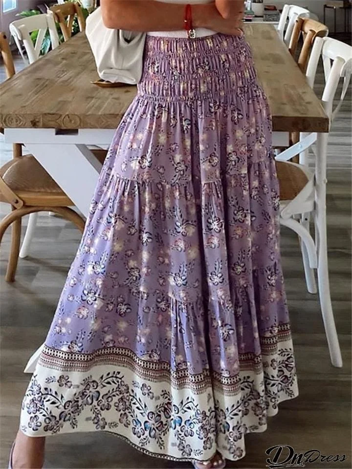 Cute High-Waist Floral Pattern Pleated Maxi Skirts