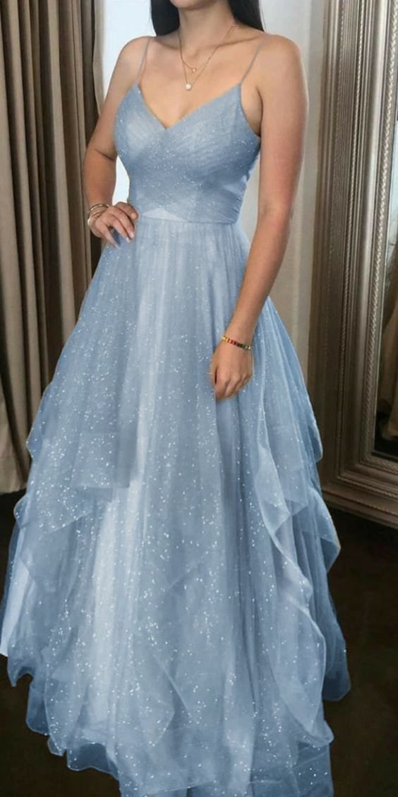 Elegant Blue spaghetti straps tulle long prom dress V-Neck Blue Tulle Prom Dress Long Evening A Line Corset Dress c2931