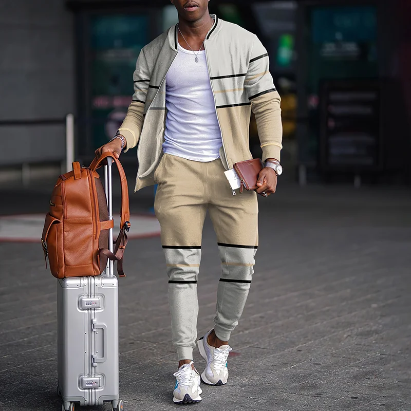 Casual Light Khaki Colorblock Jacket And Pants Two Piece Set