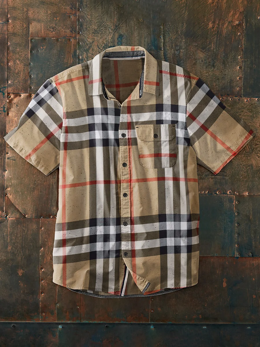 Men's Khaki Plaid Printing Paste Bag Short Sleeve Cotton and Linen Shirt