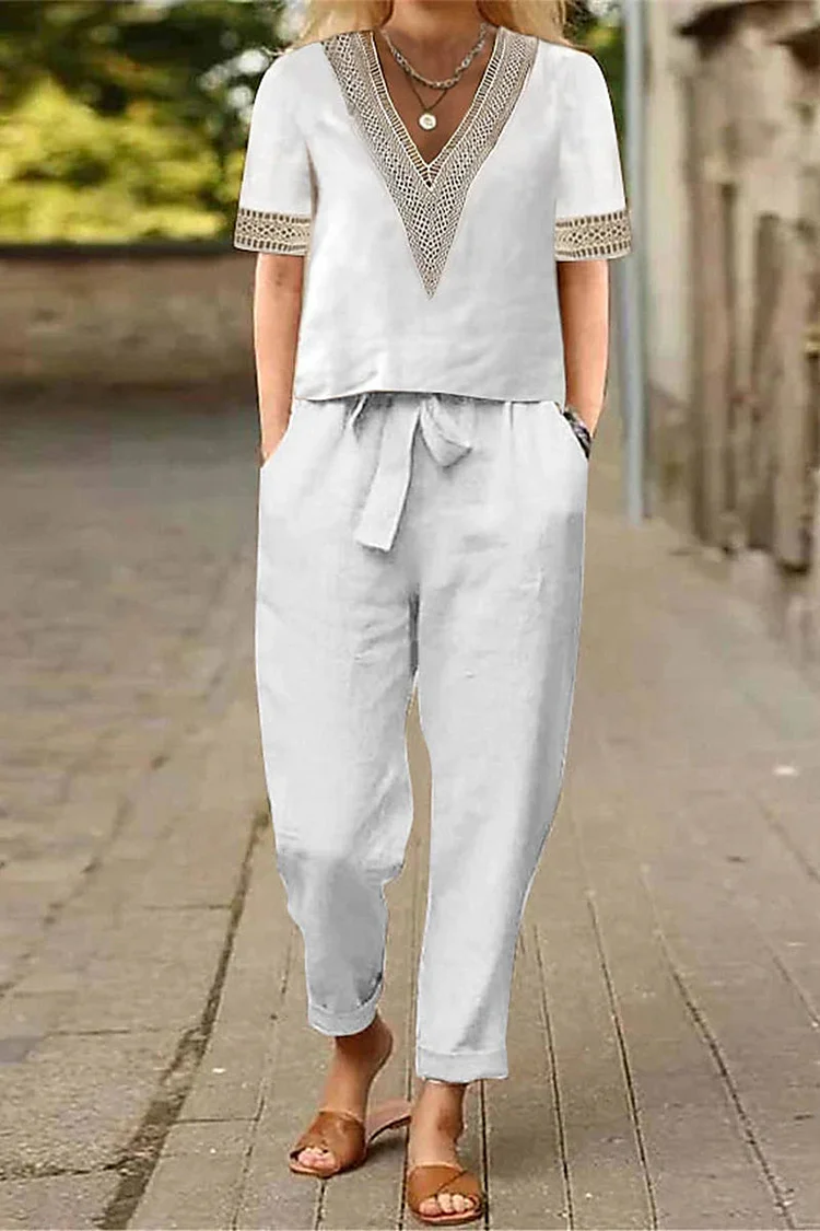 Casual Solid Lace Patchwork V Neck Short Sleeve Two Pieces