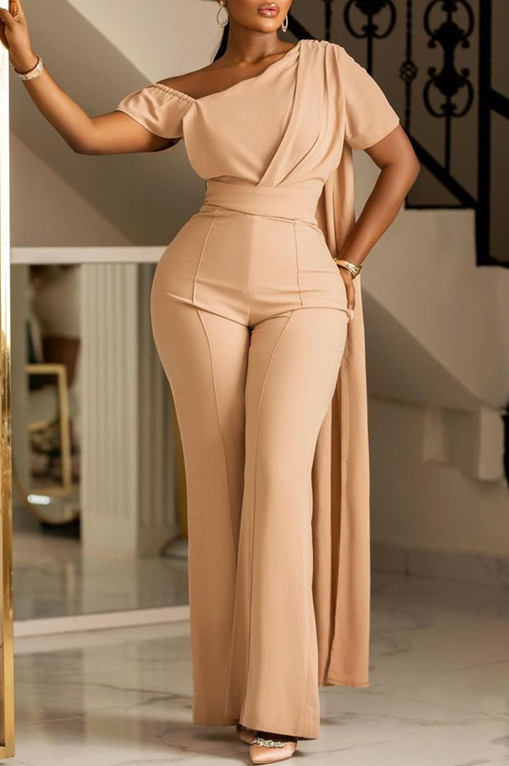 Lussooy Elegant Chic Wrap Shoulder High Waist Jumpsuit With Cape 