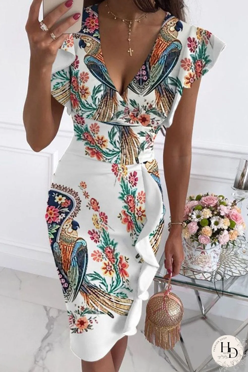 Fashion Street Print Split Joint V Neck Pencil Skirt Dresses