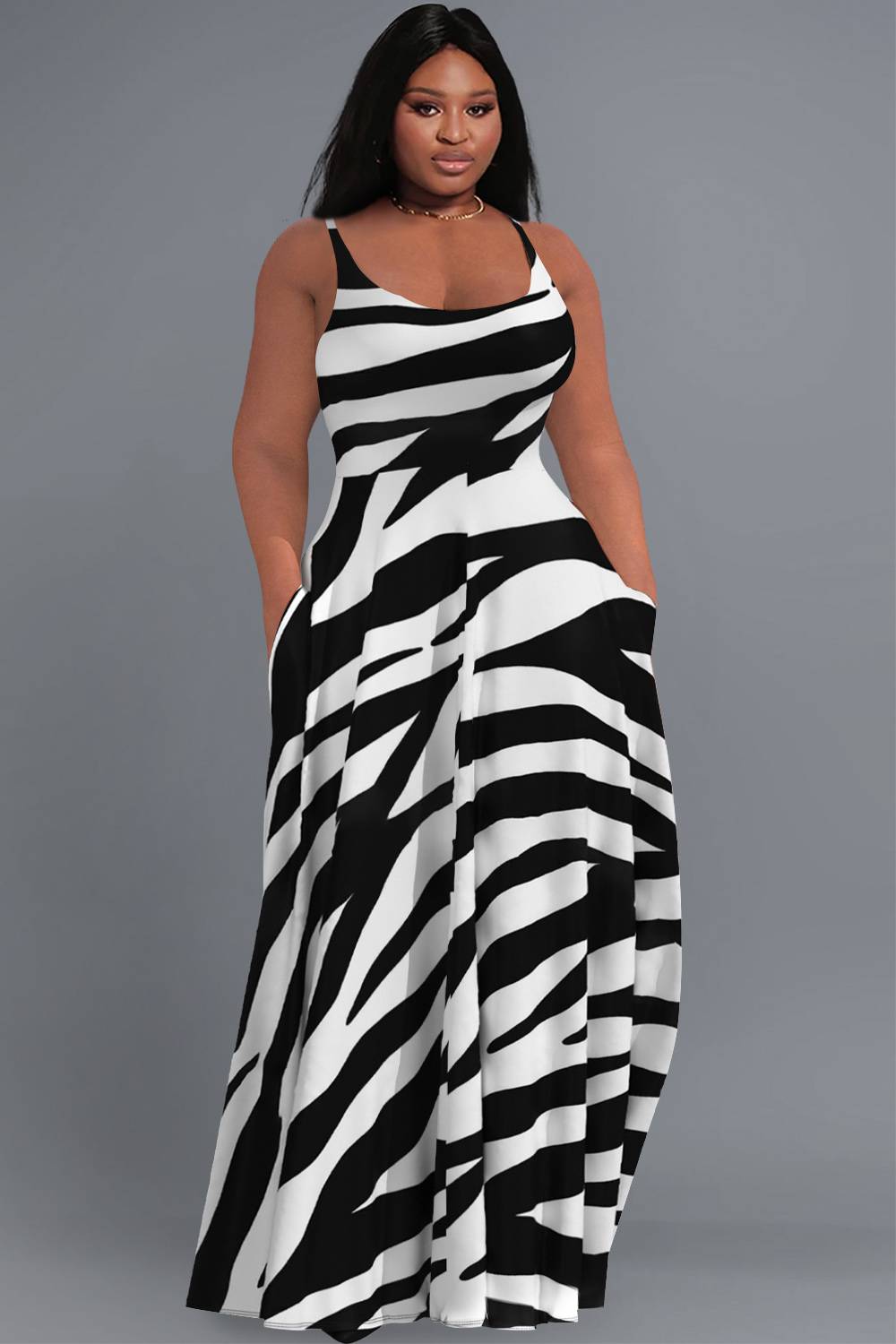 Xpluswear Design Plus Size Daily Black Sundress Zebra Print Round Neck ...