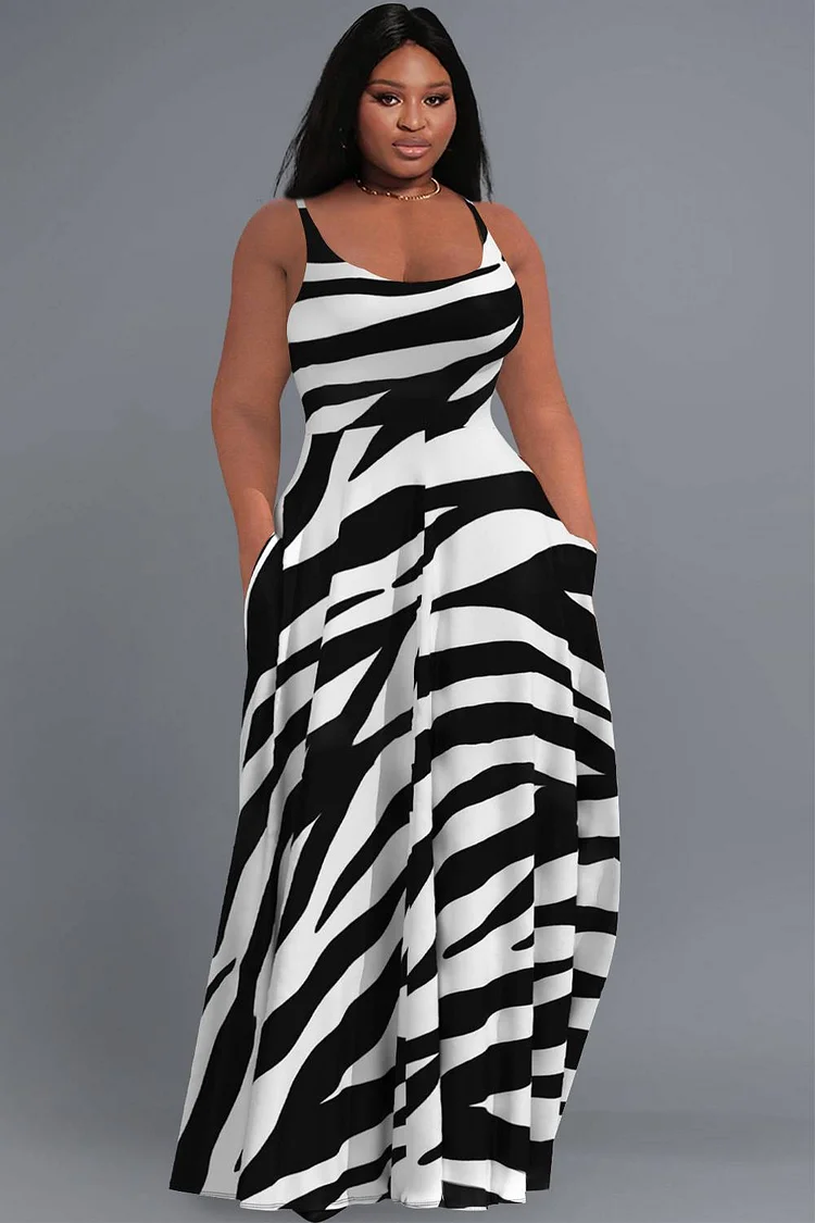 Xpluswear Design Plus Size Daily Black Sundress Zebra Print Round Neck Pocket Maxi Dresses 2024 - Xpluswear