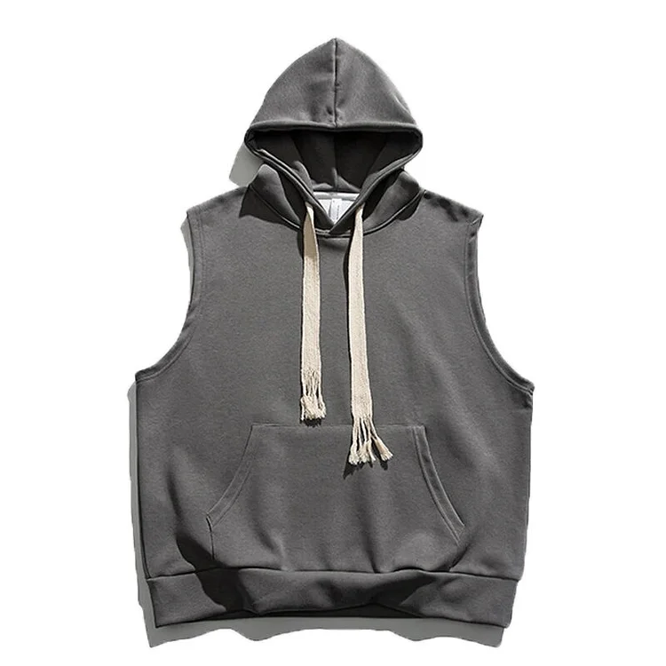 Mingyejia Sleeveless Sweater Men's Loose Spring Autumn Sports Vest Hooded Vest Bottoming Shirt Japanese Retro Solid Color Hooded Sweater