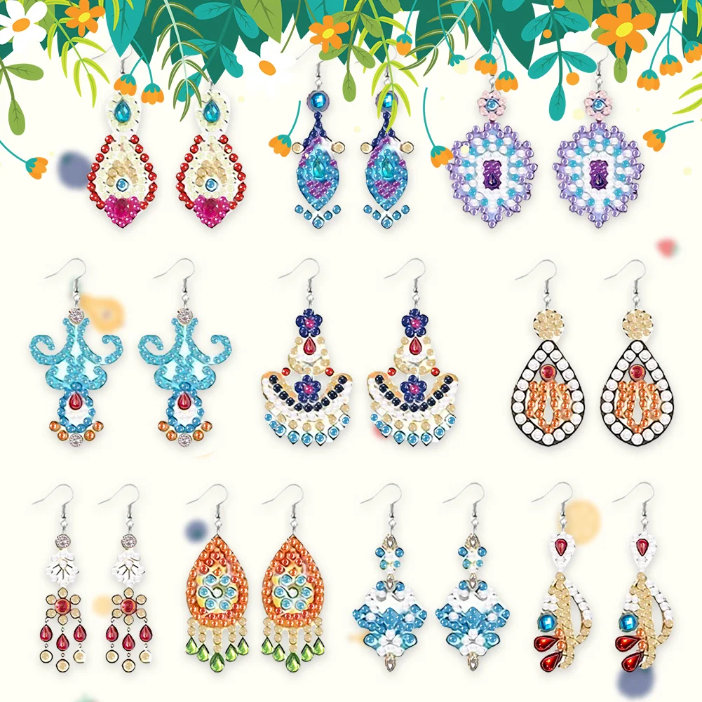 10Pairs DIY Double Sided Retro Pattern Holiday Diamond Art Earrings for Women Girls