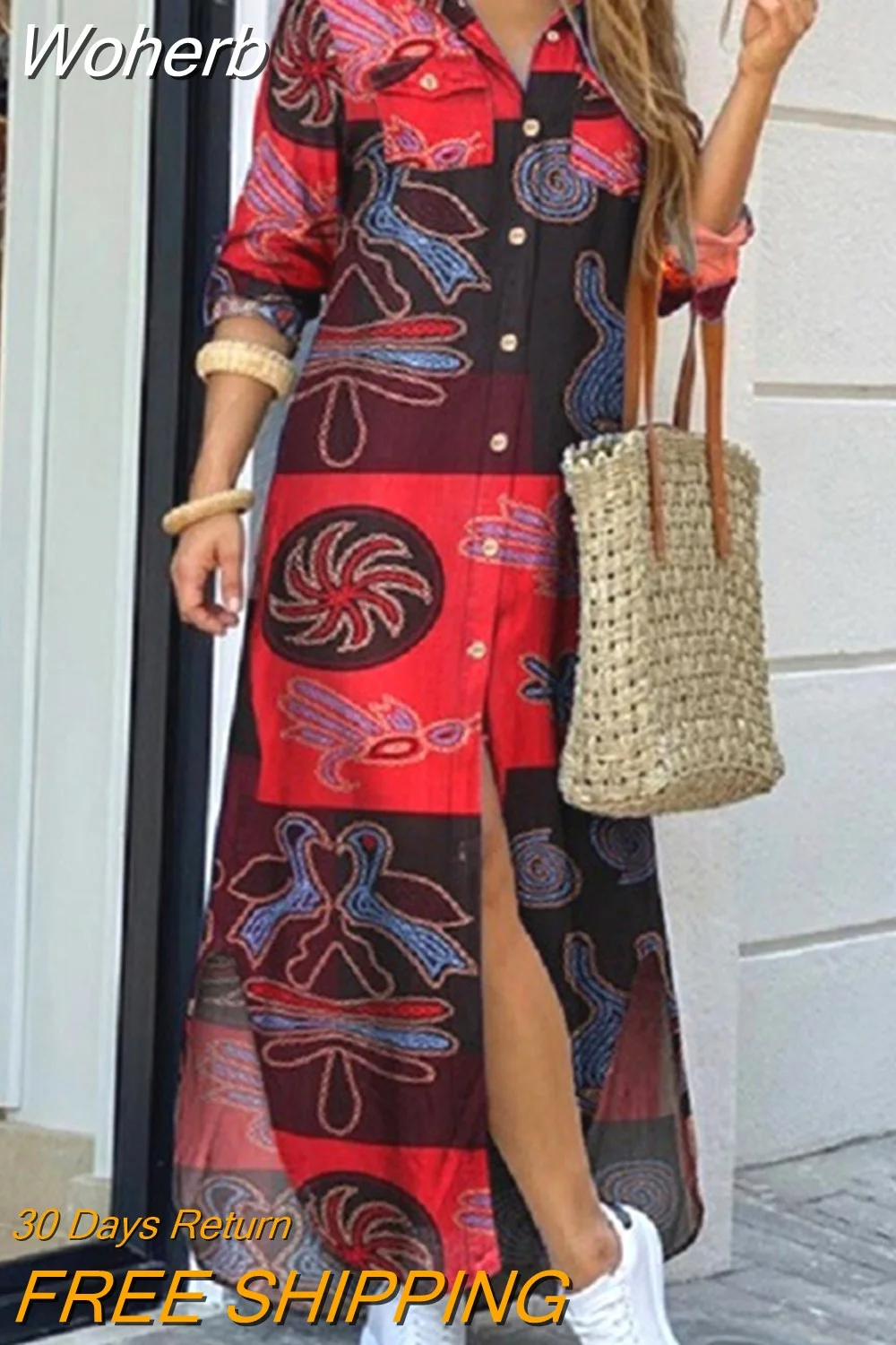 Woherb Dresses for Women S~5xl Scarf Chain Print Button Down Shirt Dress Y2k Vestidos De Mujer Casual Elegant Midi Robe Female-Outfit Ideas