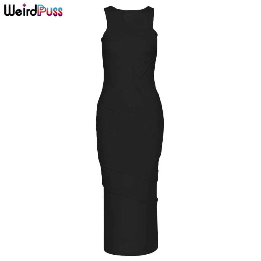 Weird Puss Multilayer Women Sexy Hollow Out Skinny Party Maxi Dresses Activity Asymmetry Sleeveless Streetwear Stretchy Outfits