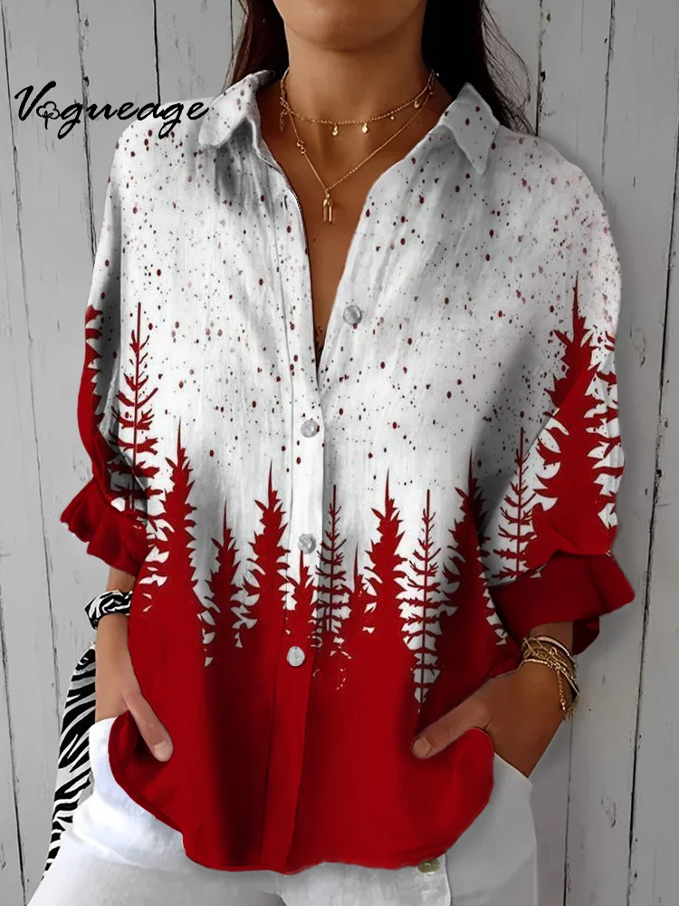 Red And White Christmas Tree Print Lantern Sleeve Shirt