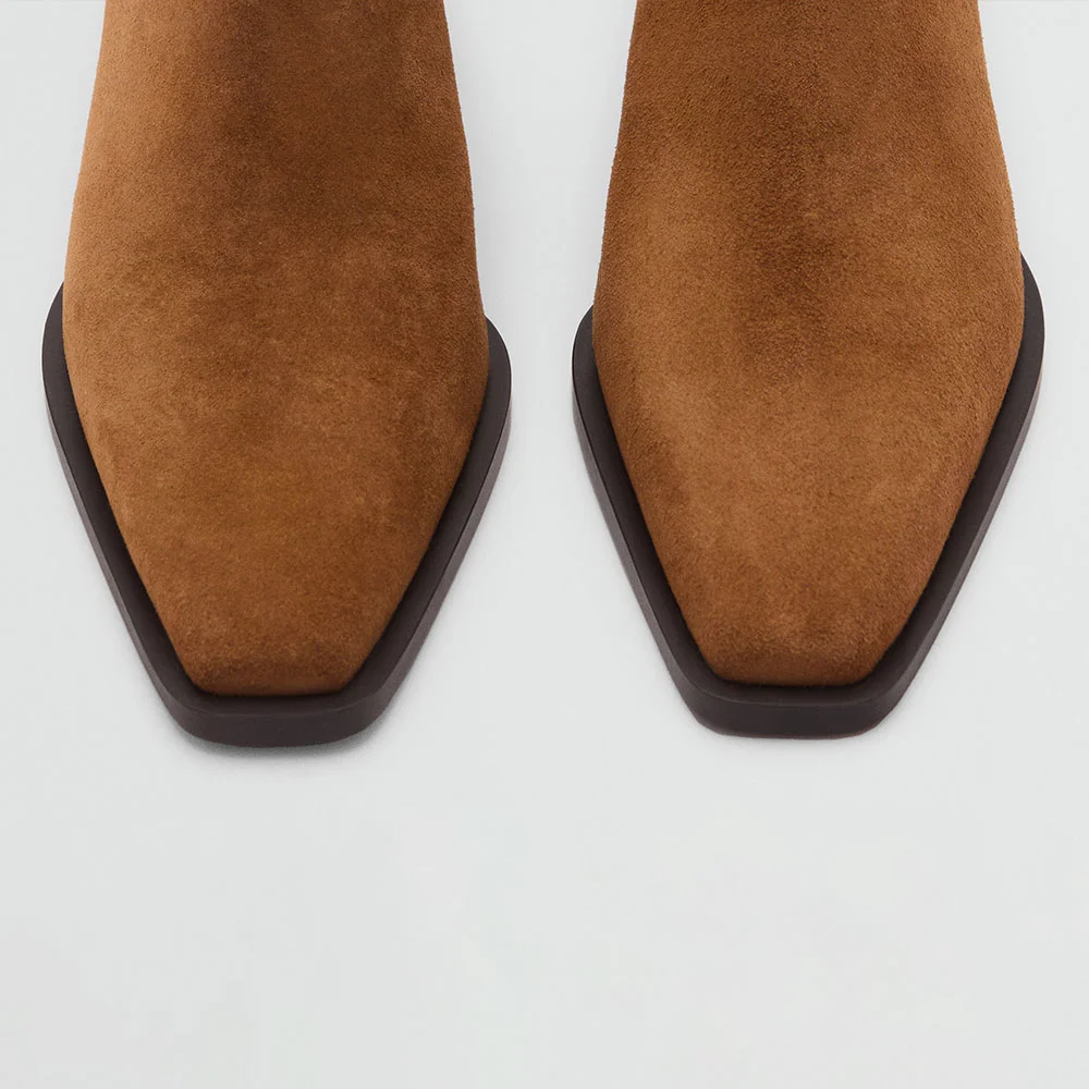 Brown Vegan Suede Chunky Heel Square Toe Zipped Booties for Women