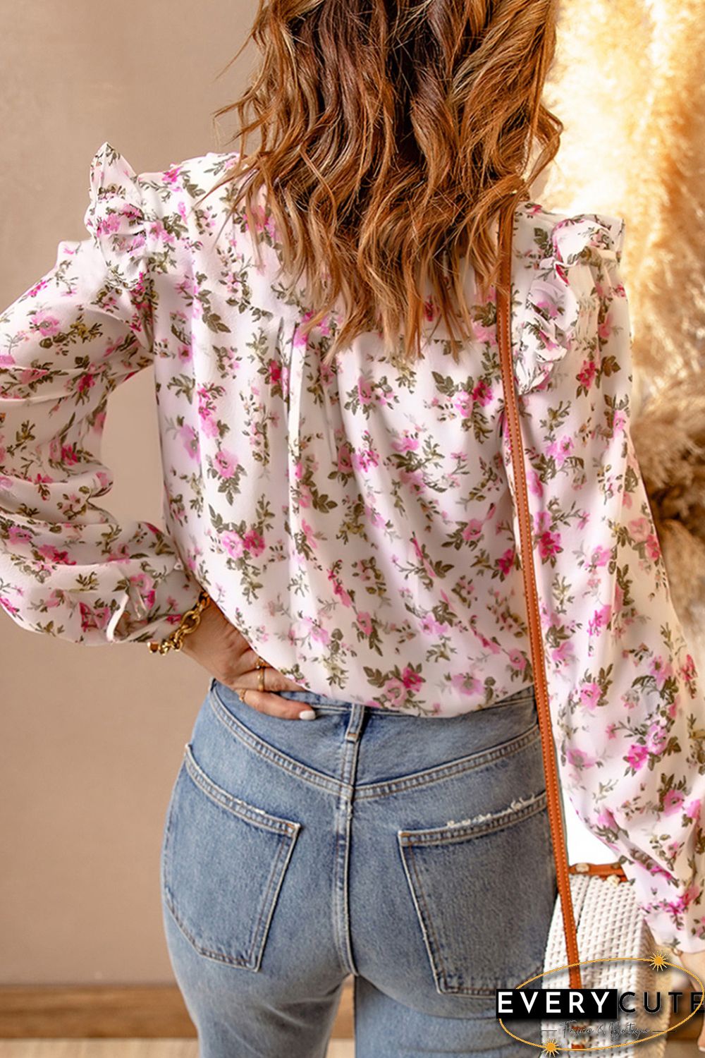Pink Surplice V Neck Puff Sleeve Floral Print Blouse
