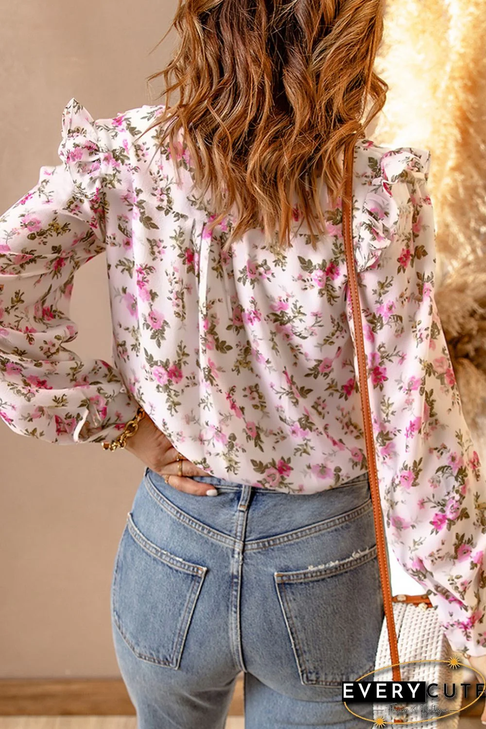 Pink Surplice V Neck Puff Sleeve Floral Print Blouse