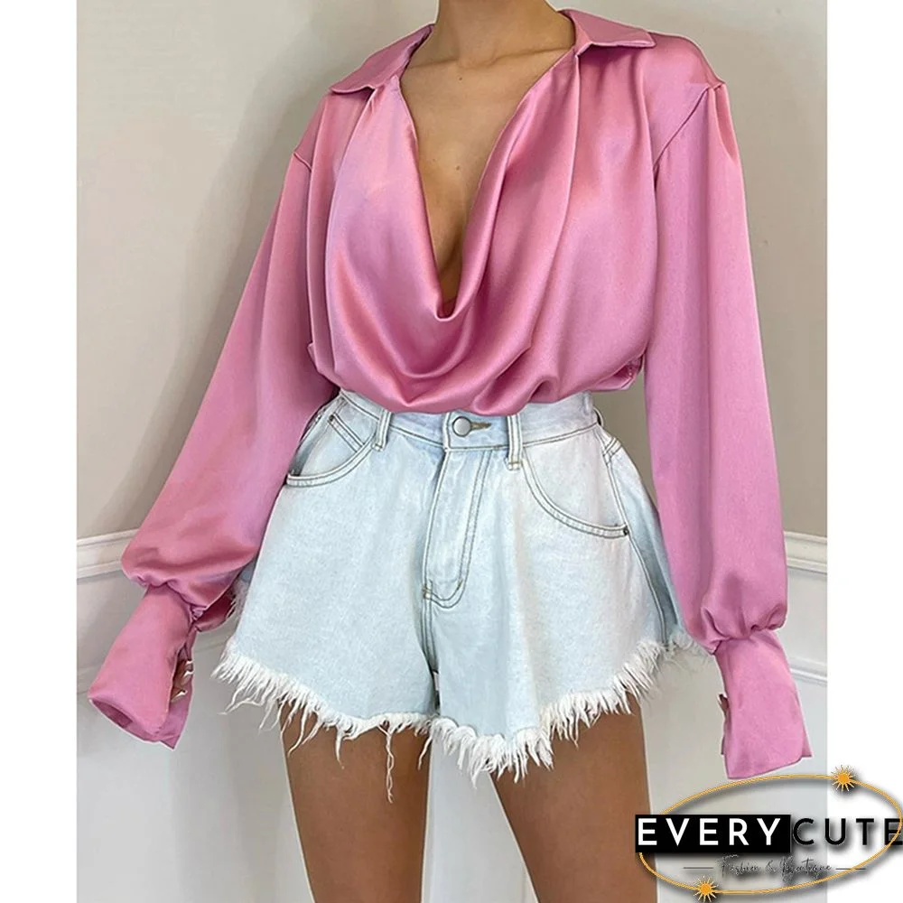 Pink Low-Cut Draped Long Sleeve Tops