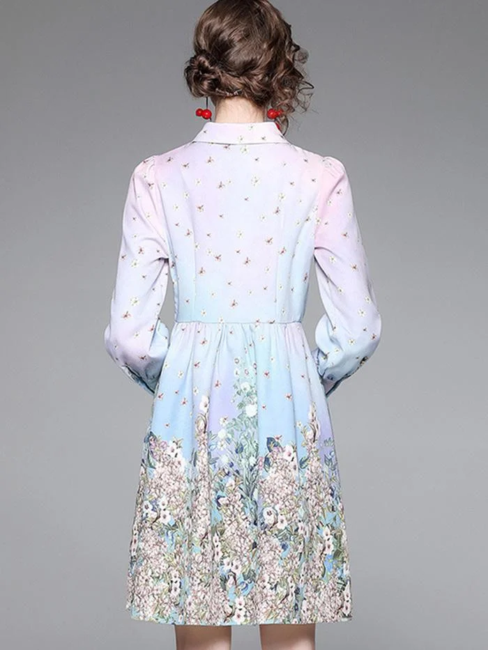 Printed Long-sleeved Single-breasted Dress