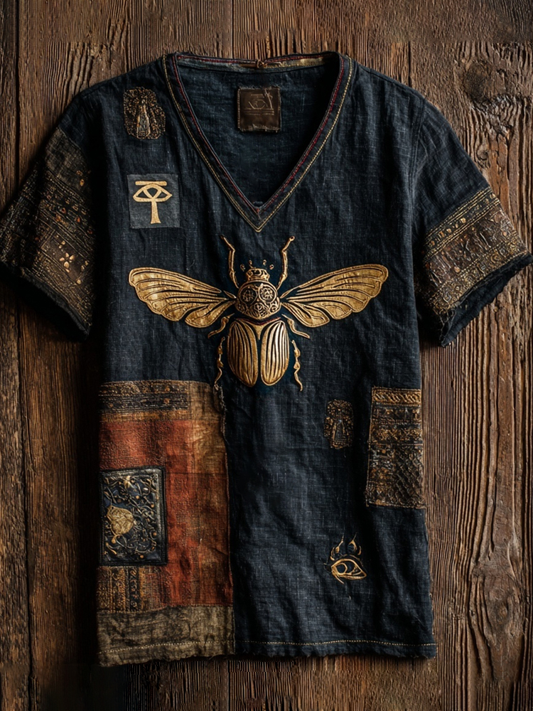 Comstylish Vintage Egyptian Winged Beetle Art Men's V-neck T-shirt