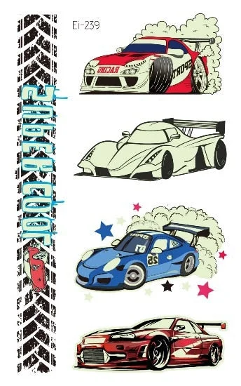 Luminous Cool Racing Tattoo Stickers Waterproof Party Cartoon Car Children's Temporary Tattos Hand Body Foot Men Fake Tatoo