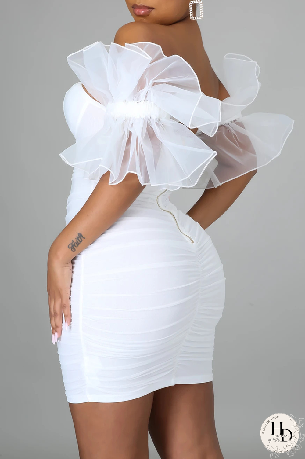 White Sexy Solid Mesh Off the Shoulder Pencil Skirt Dresses