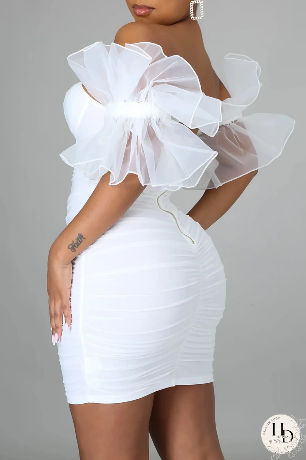 White Sexy Solid Mesh Off the Shoulder Pencil Skirt Dresses
