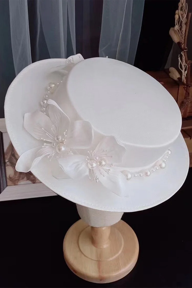 1950s White Wedding Elegant Imitation Pearl Flowers Short Eaves Hats