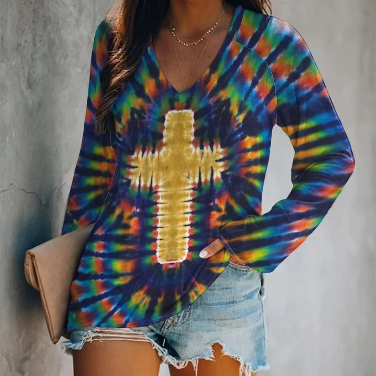 Wearshes Tie Dye Cross Long Sleeve T-Shirt