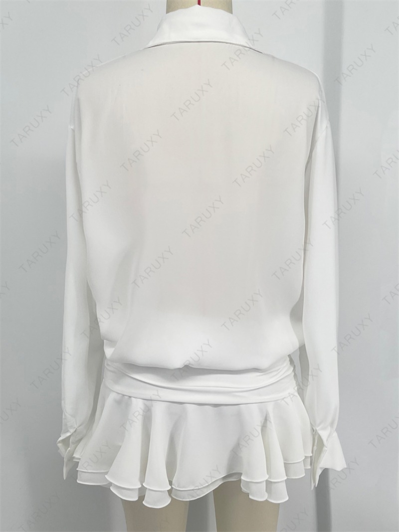 Ootddress White Chiffon Mini Dress For Women Casual Loose Oversized Pleated Mini Dress See-through Summer Beach Elegant Shirt Dress