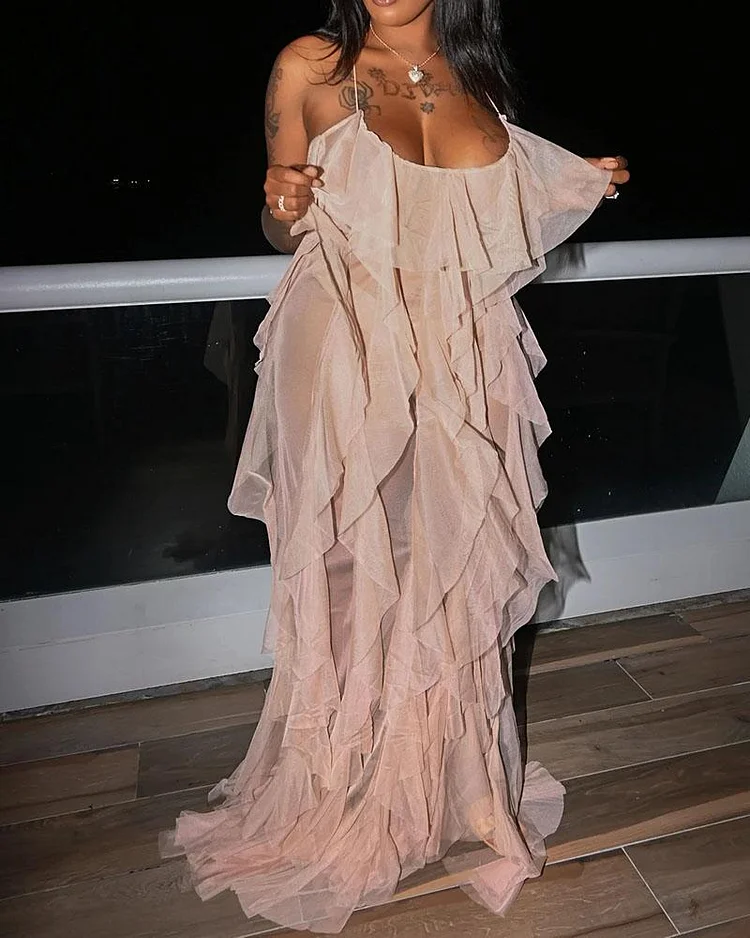 Quality Sling Polyester Mesh Ruffled Back Leaky Dress