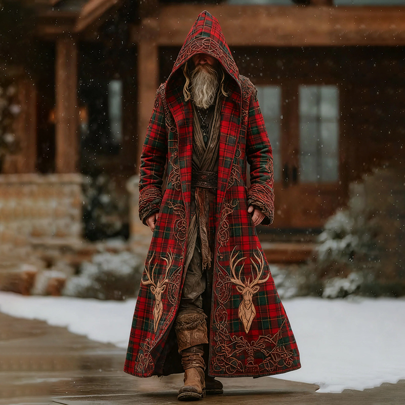 Men's Autumn Winter Christmas Plaid With Celtic Knot Deer Pattern Hooded Kaftan Cloak Jacket elevenforest