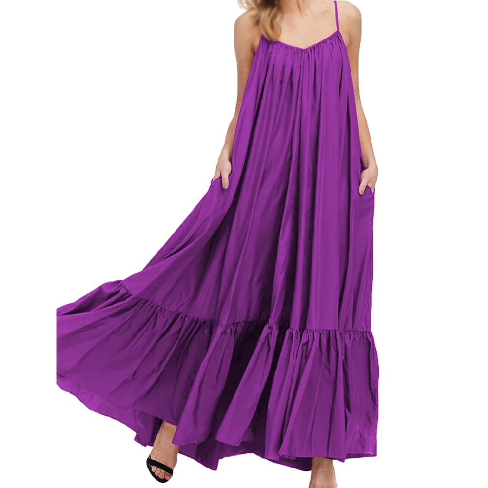 Purple Spaghetti Straps Pocket Casual Dress