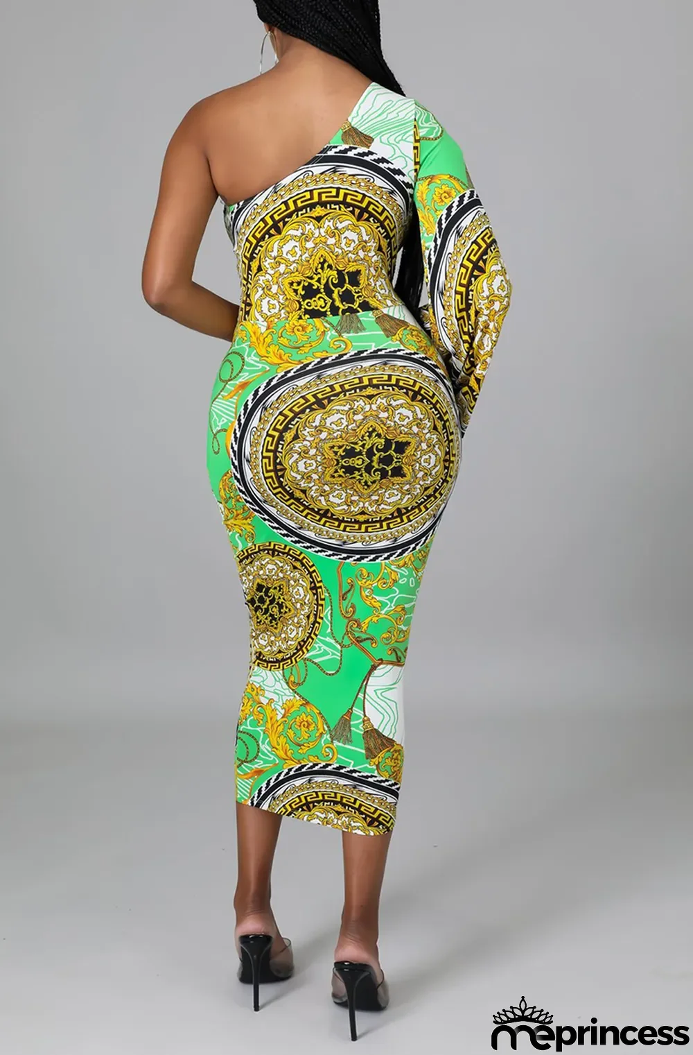 Green Sexy Print Hollowed Out One Shoulder Pencil Skirt Dresses