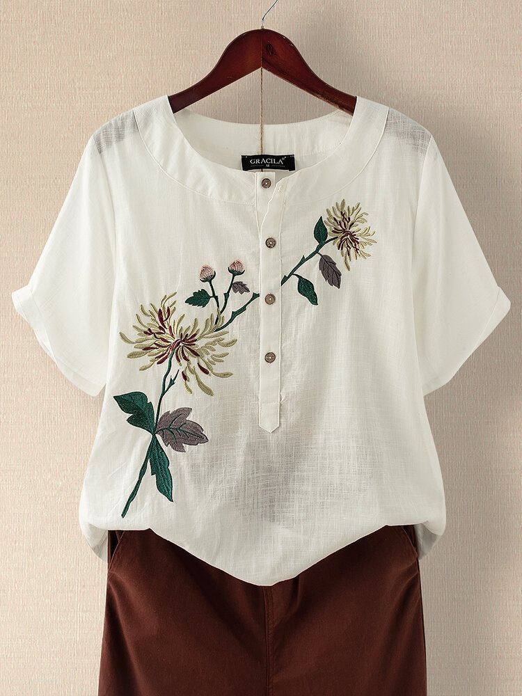 Floral Embroidery Button O Neck Vintage T shirt P1689108