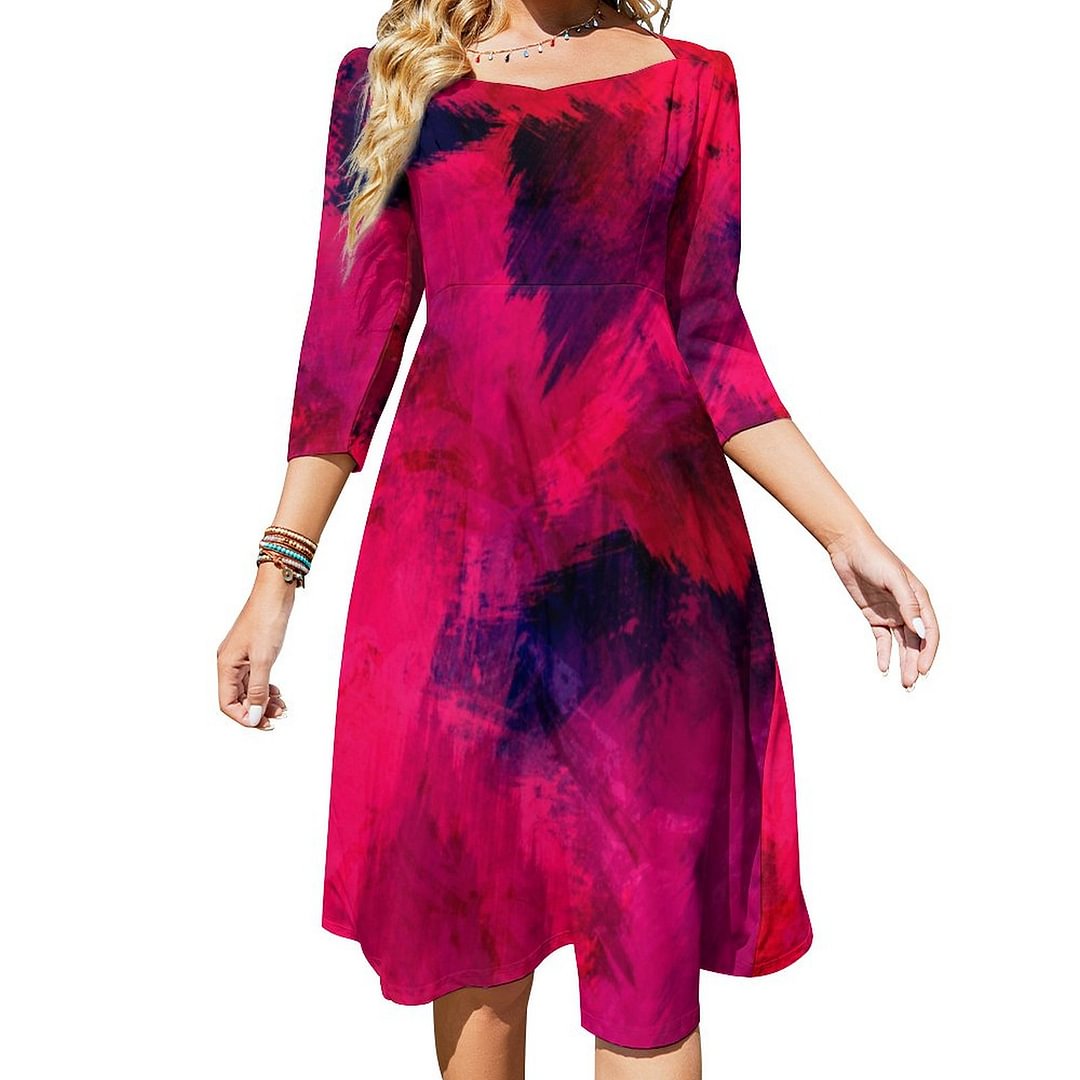 Dark Red And Purple Bold Modern Abstract Dress Sweetheart Tie Back Flared 3/4 Sleeve Midi Dresses