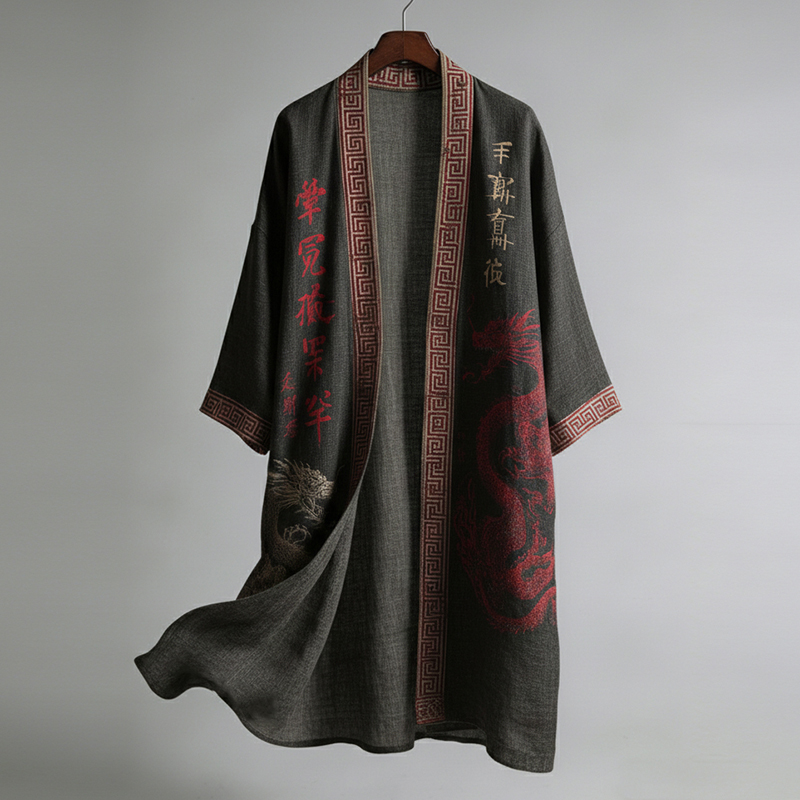 Retro Japanese Calligraphy And Dragon Art Pattern Casual Linen Blend  Kimono  artssus