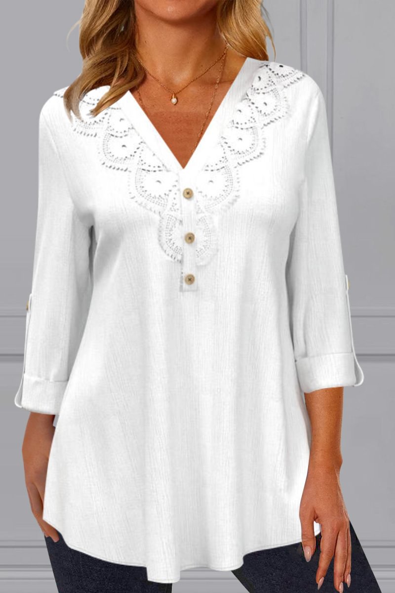 Plus Size Lace Panel Lace Stiching Buttons Up V Neck Half Sleeve Casual Blouses