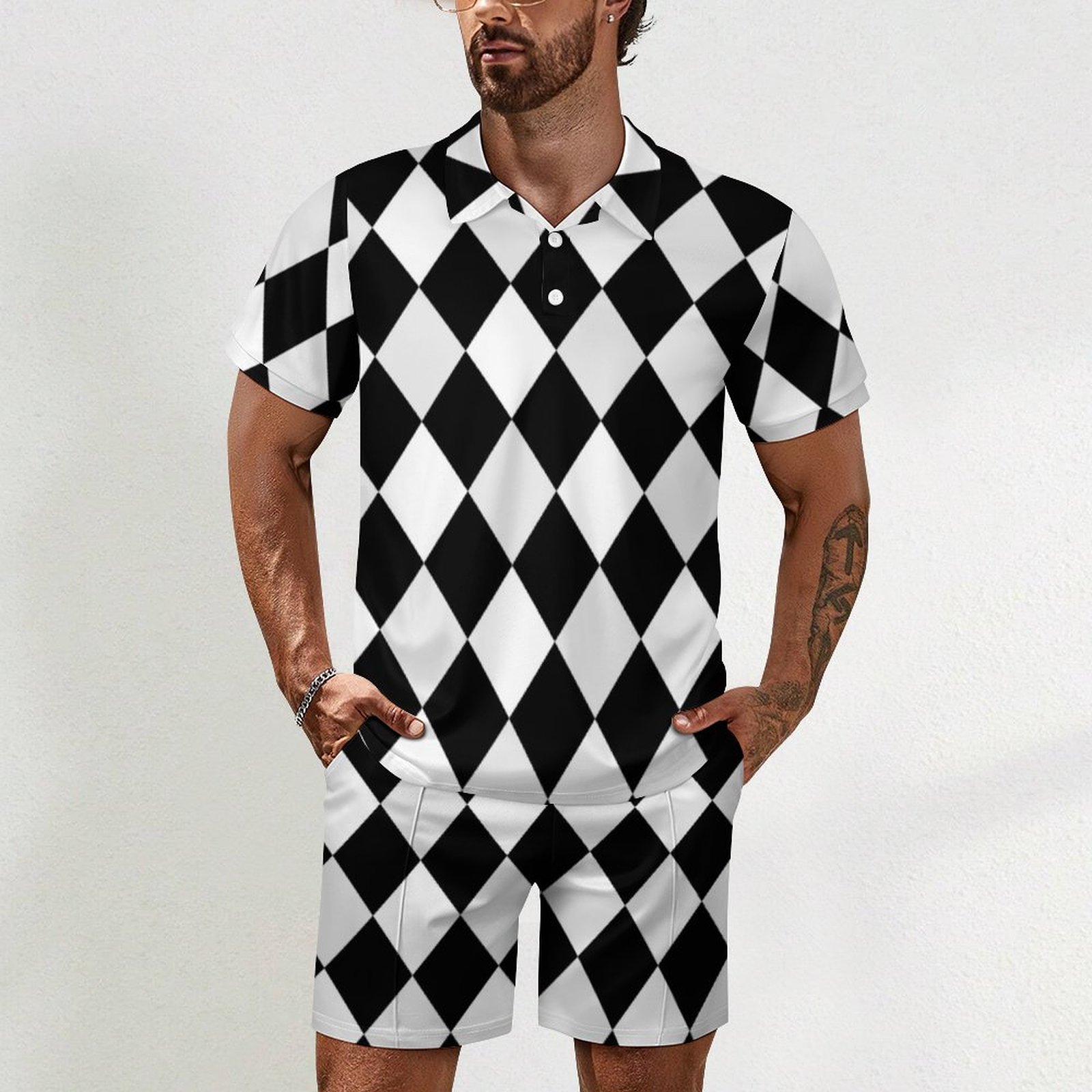 Black And White Harlequin Diamond Pattern Men Hawaiian Polo Shirts Casual Button Down 2 Piece Shirt and Shorts Sets