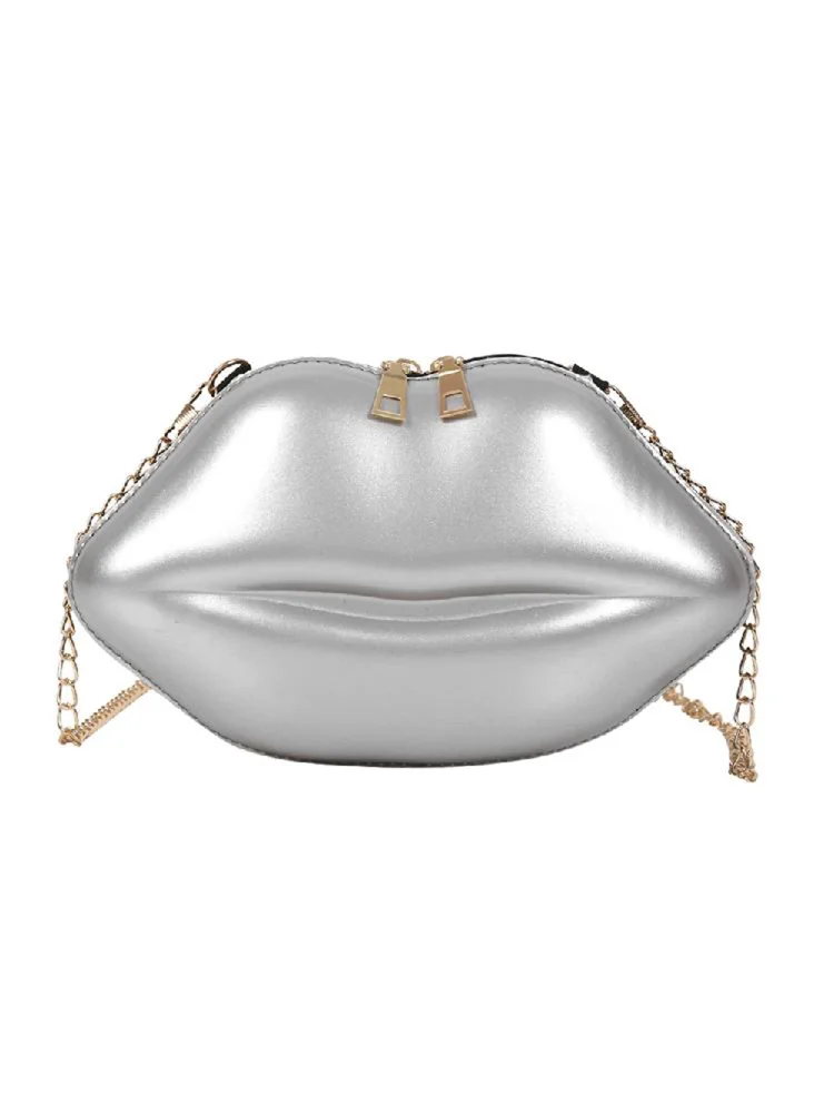 Lips Women PVC Handbags Chain Messenger Bags Shoulder Party Clutch (Silver)