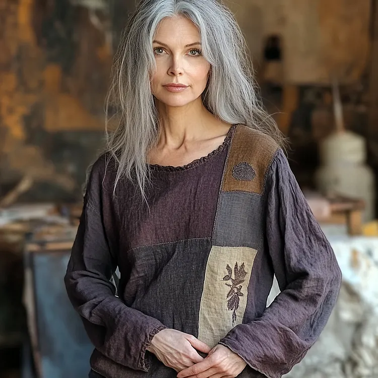 Fashion Floral Patchwork Cotton And Linen Women's T-shirt