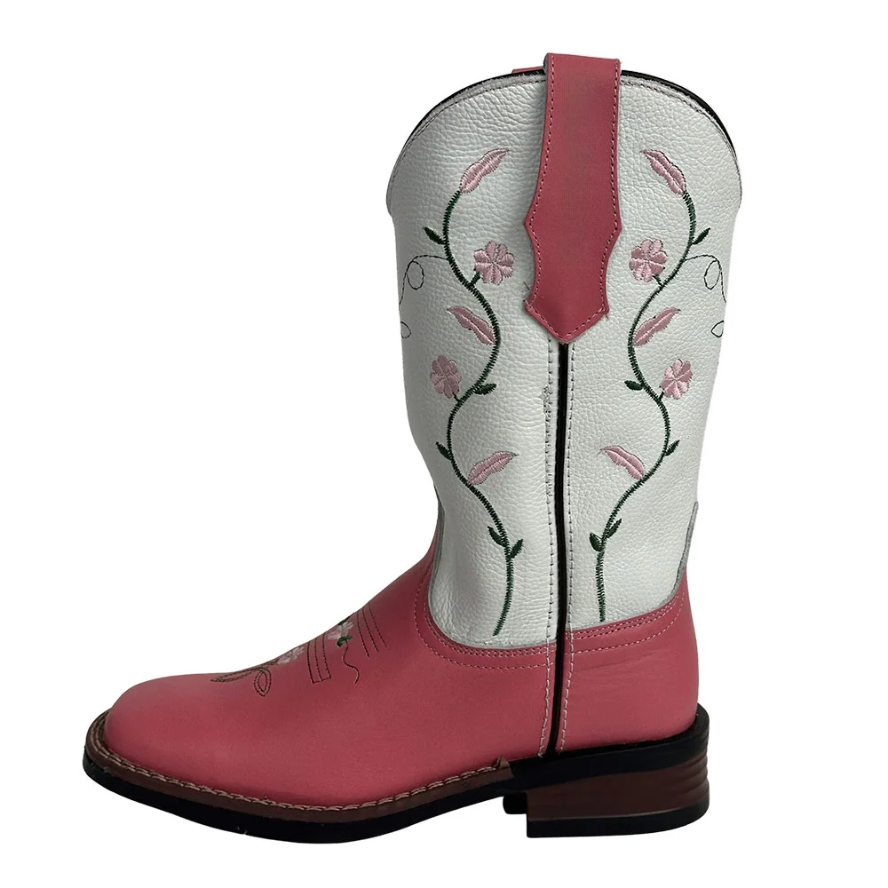 Mid Calf Flower Embroidered Pink & White Cowgirl Boots for Women