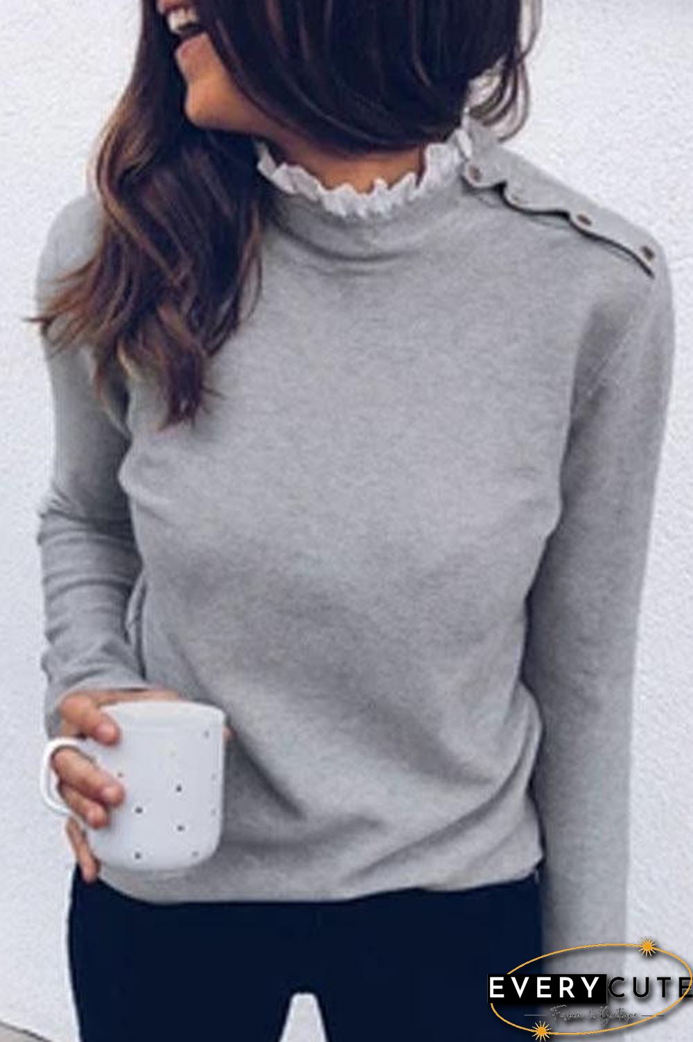 Shoulder Buckle Lace Neck Top