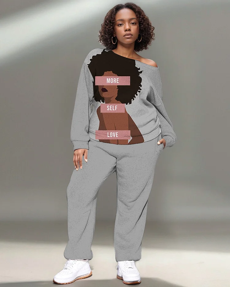 More Self Love Long-Sleeved Off-Shoulder Top and Solid Color Casual Pants Set