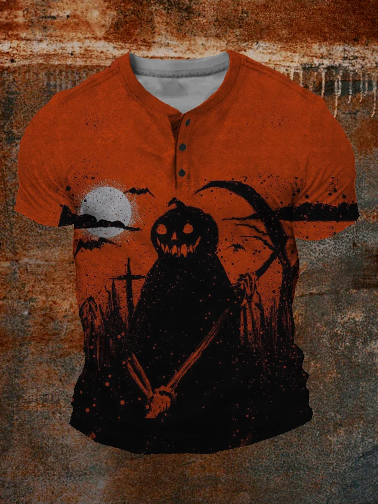 Men's Vintage Halloween Pumpkin Ghost Art Henley Shirt