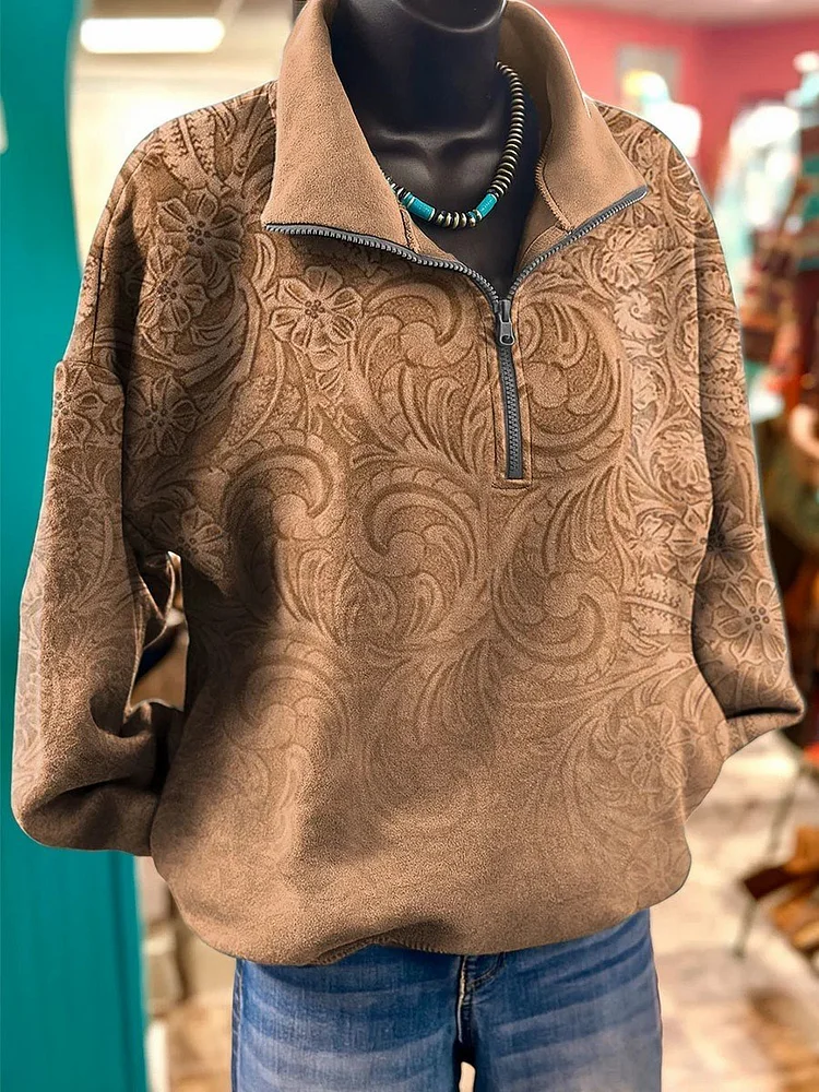 Women's lapel retro casual western print sweatshirt 