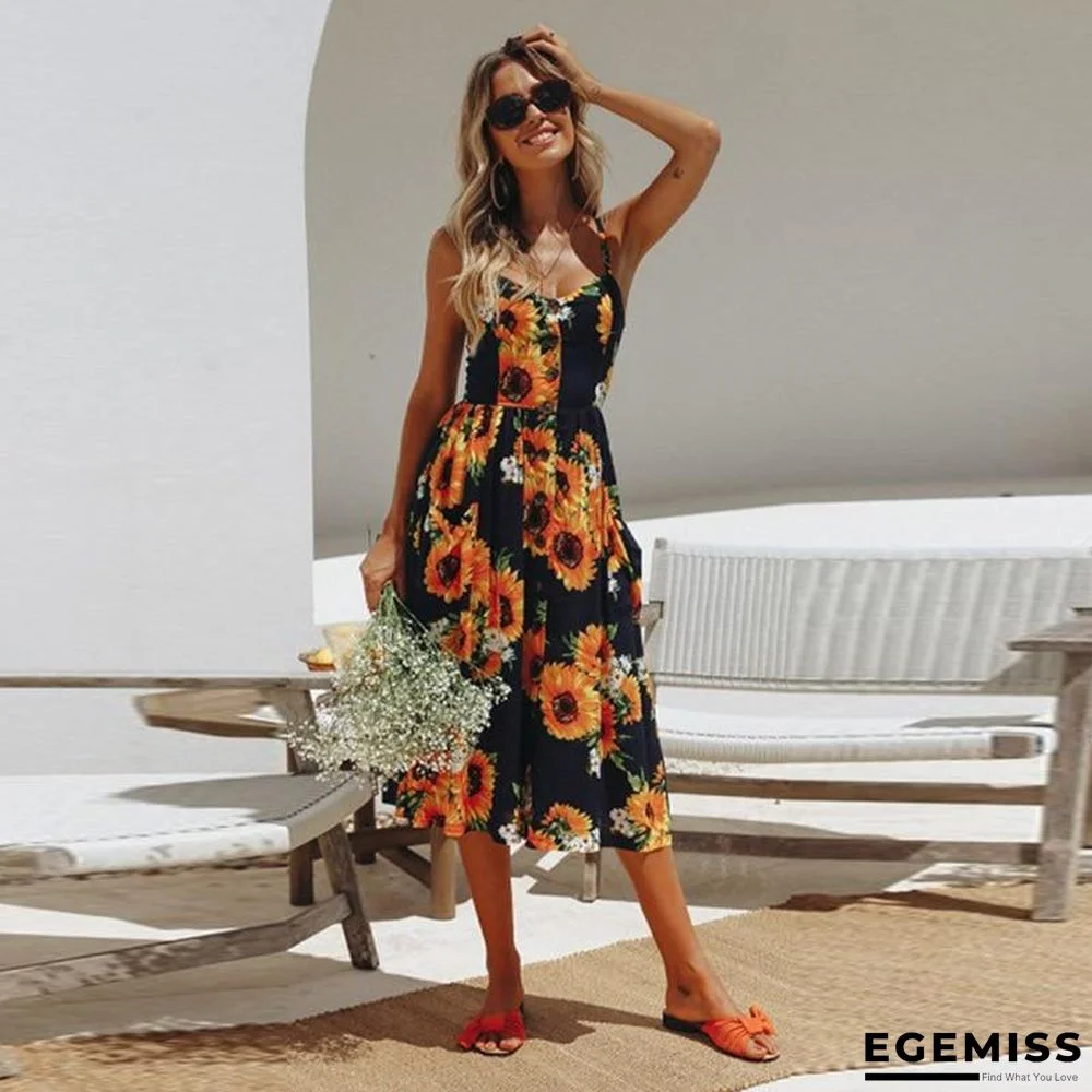 Casual Vintage Sundress Boho Sexy Midi Button Backless Striped Floral Beach Dress Black Dresses | EGEMISS