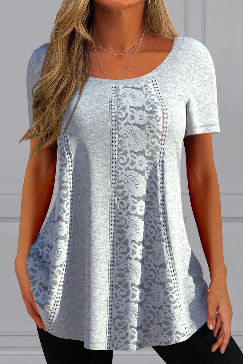 Plus Size Lace Stiching Short Sleeve Round Neck Casual T Shirt